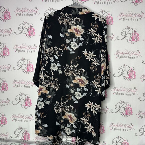 Tahari Floral Black Kimono Robe cardigan flowy luxe long comfy - Picture 2 of 6
